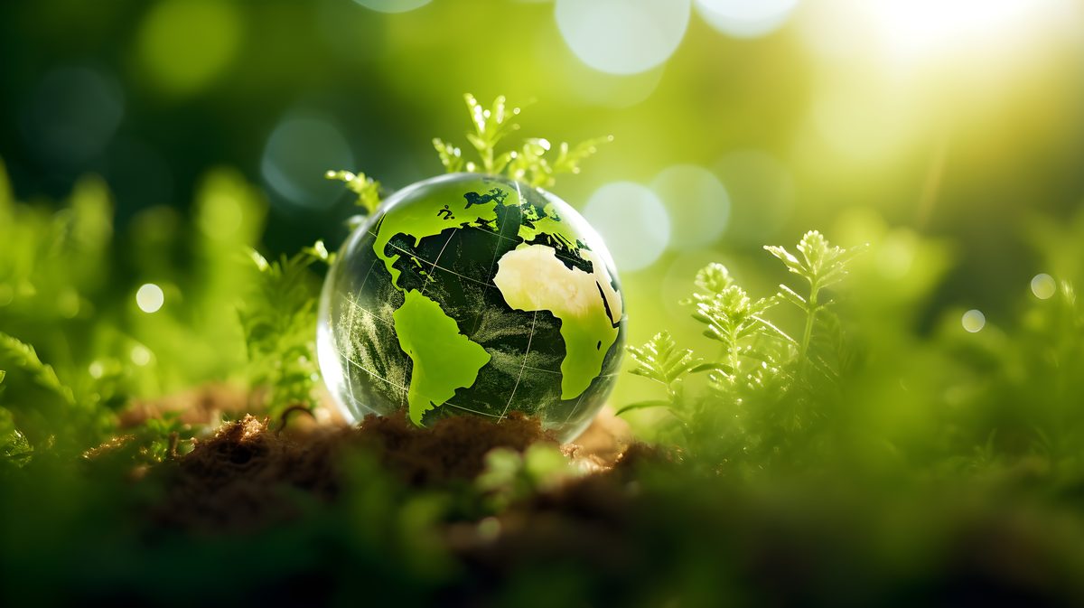 Globe de verre posé dans la mousse, symbole de développement durable